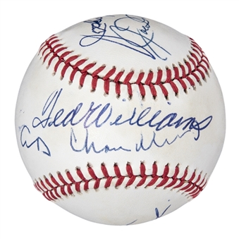 Hall of Famers Multi Signed OAL Brown Baseball With 7 Signatures Including Williams & DiMaggio (PSA/DNA)